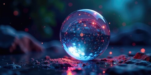Glass orb suspended in mid-air under dim lighting, Surreal, Night