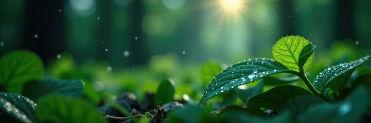 Glistening dew on forest leaves under moonlight, forest leaves, morning