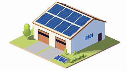 Isometric house with solar panels, renewable energy, eco-friendly living.