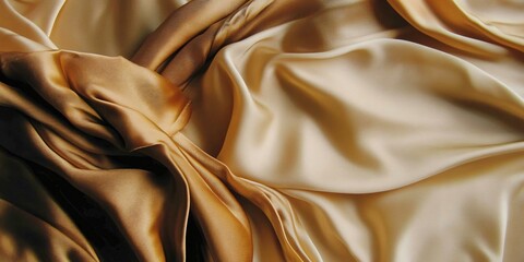 Fototapeta premium Silk's Golden Embrace: A luxurious close-up of rich, golden silk fabric, elegantly draped with soft folds that cascade and gleam under ambient light, creating a tactile and opulent texture.