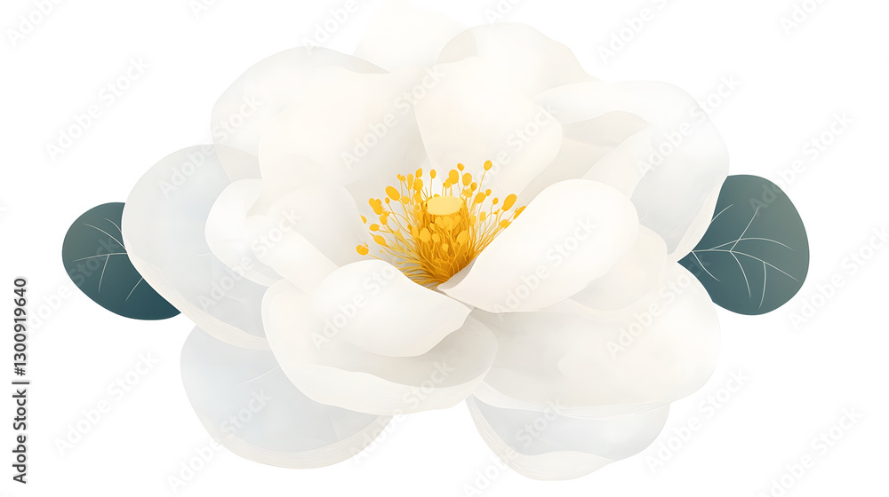 Poster delicate 3d cartoon of a soft layered white flower with a golden center isolated on a transparent ba