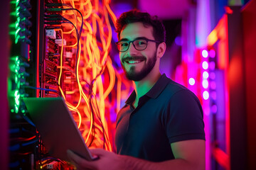 Obraz premium Smiling male engineer holding a laptop in a server room