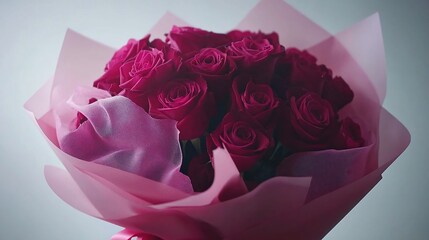 Pink-wrapped rose bouquet, studio shot, romantic gift, Valentine's Day