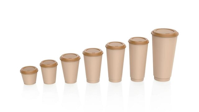 Brown disposable paper coffee cups in different sizes on a shiny white background