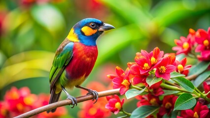 Obraz premium Vibrant Rainbow Bird Perched on Branch Amidst Lush Red Blossoms in a Garden Setting