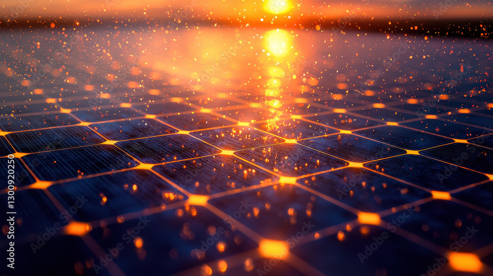 Poster close-up of solar panel array collecting energy for mars colony during sunset
