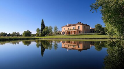 Fototapeta premium A wide-angle view of a French reflected in a serene moat under a clear blue sky