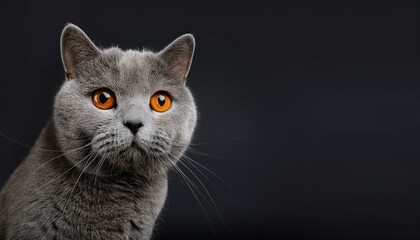 beautiful blue british shorthair cat with orange eyes portrait on dark gray or black background with copy space