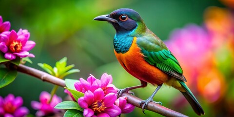 Obraz premium Vibrant Avian Amidst a Blossom-Filled Paradise, a Stunning Display of Nature's Exquisite Palette
