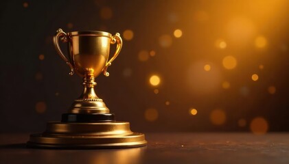 Golden trophy on a pedestal with sparkling background, prestige, shine