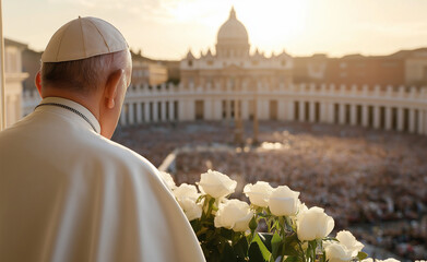 A pope standing, overlooking a crowd, with a serene and warm light illuminating the scene.