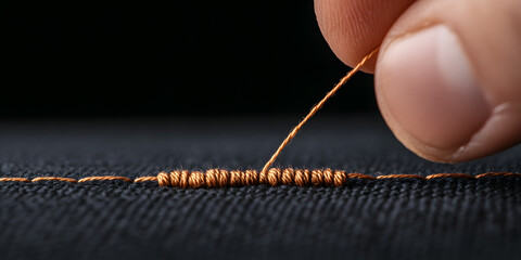 Detailed macro shot showcasing a hand stitching copper-colored thread into a piece of dark fabric. The thread forms a neat, decorative line.