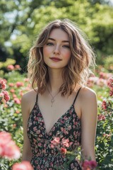 Fototapeta premium A woman with defined ringlets posing in a floral garden during spring