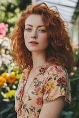A woman with defined ringlets posing in a floral garden during spring