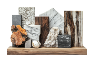 Collection of natural and artificial stone samples for interior design projects and construction purposes in a modern setting, cut out