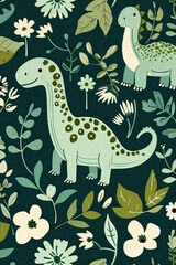 Cute Folk Dinosaur with Floral Patterns, Teal, Sage and Olive Dark Green Background. Kids Friendly Art 