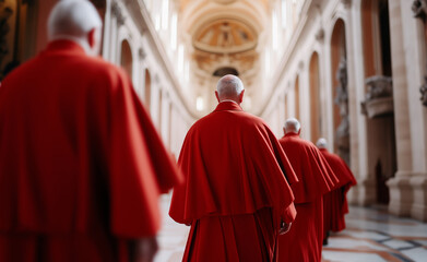 Naklejka premium A group of cardinals in red robes walking towards the entrance of a grand church or cathedral.