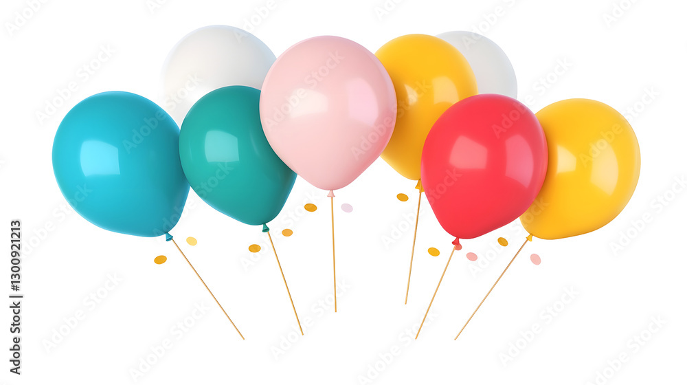 Poster Elegant 3D showcasing a dynamic cluster of vibrant  multicolored balloons with a soft shine and slight translucency  arranged in a playful and festive composition against a transparent background