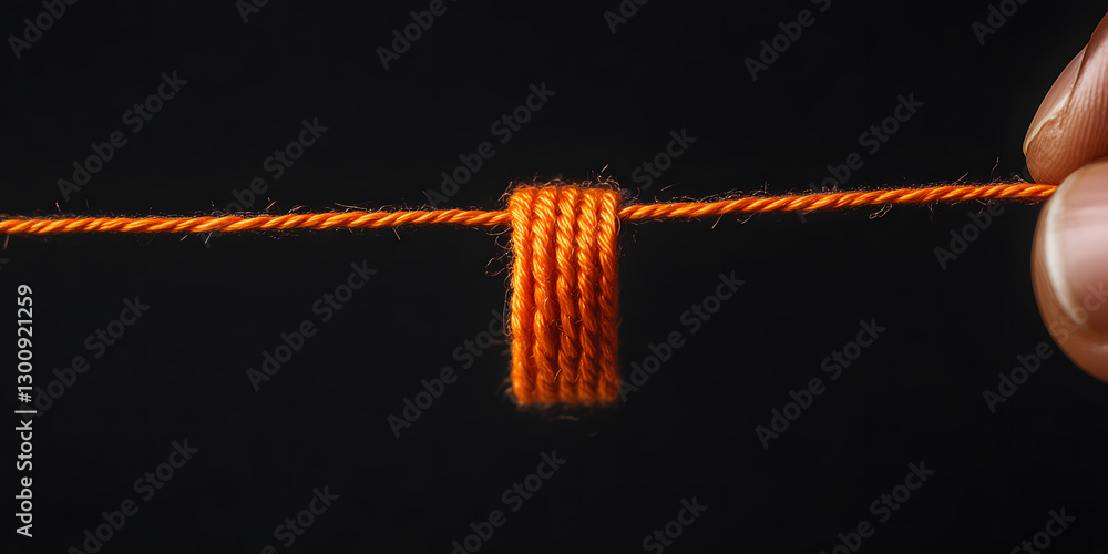 Poster bright orange string wrapped around itself in a coil with a single strand extending on either side, 