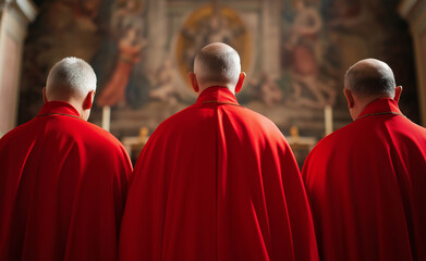 Obraz premium Three cardinals in red robes standing in a church with a grand altar in the background.