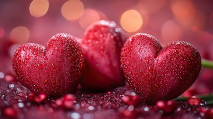 Obraz premium Enchanting tulips and heart shaped accents on a soothing pink backdrop create a romantic setting for conveying emotions or featuring promotional content.