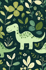 Fototapeta premium Cute Folk Dinosaur with Floral Patterns, Teal, Sage and Olive Dark Green Background. Kids Friendly Art 