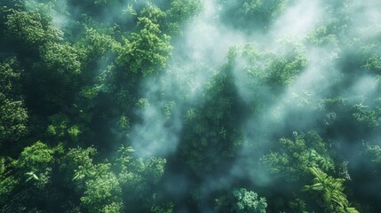 Fototapeta premium Aerial view of a dense rainforest with mist covering the canopy