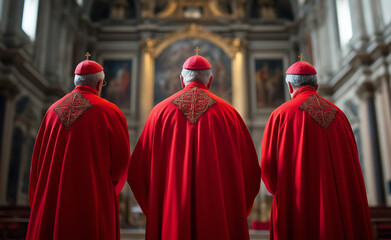 Naklejka premium Three cardinals in red robes standing in a church with a grand altar in the background.