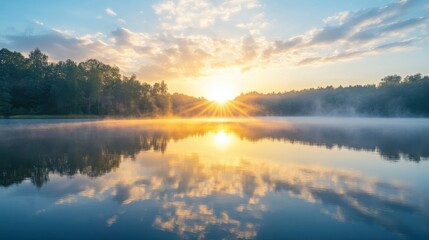 Obraz premium Beautiful Sunrise Over Lake Reflecting Sunlight and Forest Trees