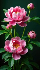 Obraz premium Lush green leaves and stems intertwined with peony blooms, peony, greenery, botanical