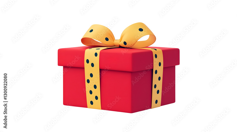 Poster vibrant 3d of a playful red gift box decorated with a polka dotted ribbon and slightly curled ends s