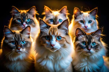 Low Light Ragdoll Cat Ensemble Photography: Stunning Night Portraits of Fluffy Cats