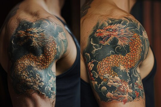 Traditional japanese golden dragon tattoo winding around a man's shoulder, surrounded by dark swirling clouds and red maple leaves