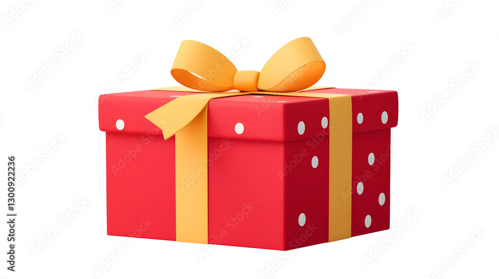Poster whimsical 3d of a red gift box with a polka dotted ribbon and slightly curled ends symbolizing a spe