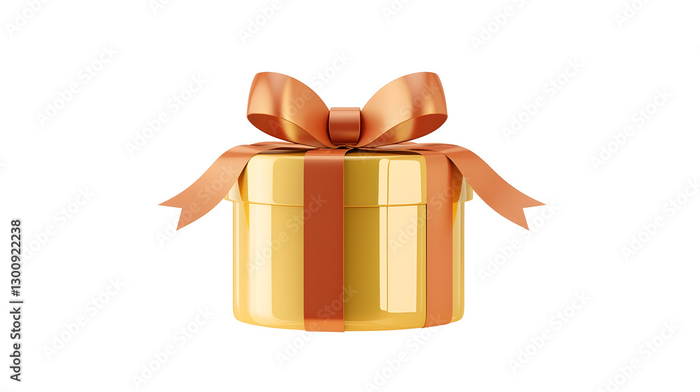 Poster Elegant and luxurious 3D rendered gold gift box with a deep red ribbon and a perfectly symmetrical bow with a glossy metallic finish on a transparent background
