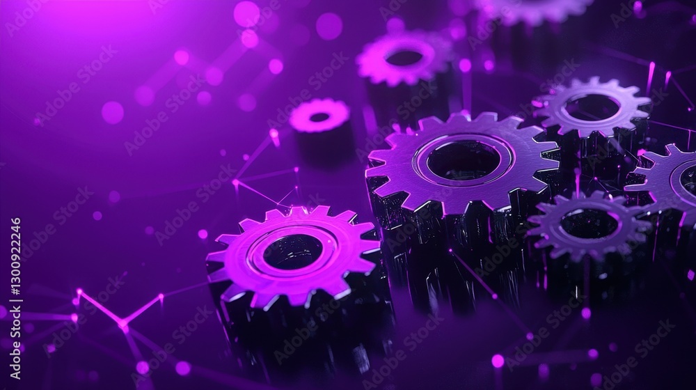Poster metallic gears on a futuristic background with purple light and digital elements for technology and 