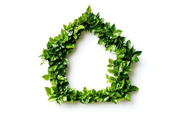 Green eco house icon made of leaves isolated on white.