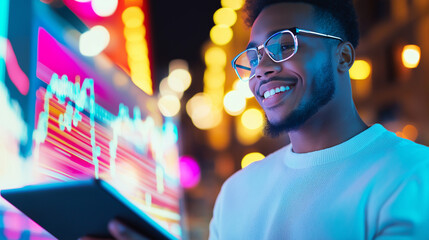 A close-up of a man’s face with glasses, focused on coding or working on a digital screen.