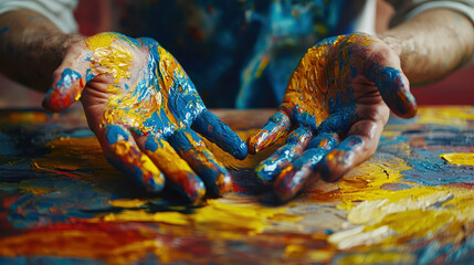 Creative hands covered in vibrant paint express passion for art on canvas