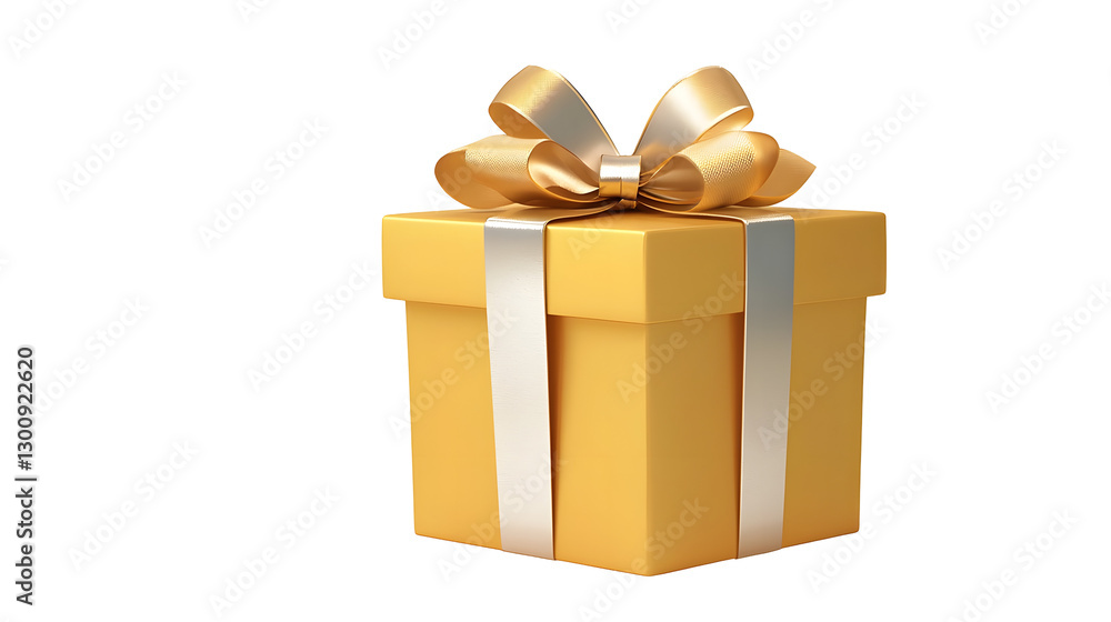 Poster charming 3d gold gift box with a glossy silver bow featuring reflections and soft shadows for an ele
