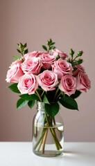 Obraz premium Pink roses in a vase with greenery and branches, floral, branches