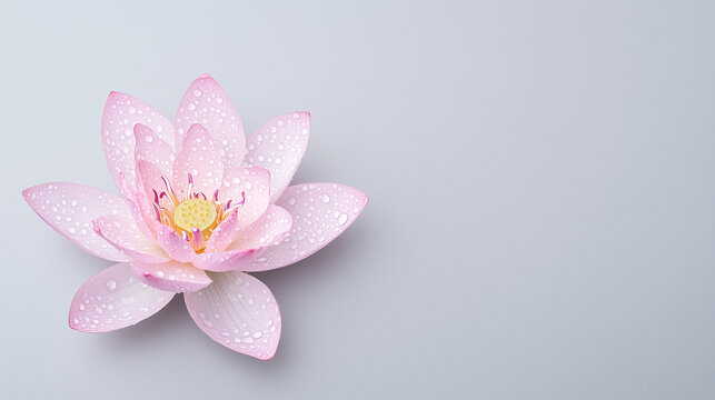 A beautiful pink lotus flower with droplets of water on its petals, symbolizing purity and tranquility against a soft gray background