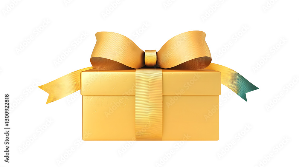 Poster playful 3d of a golden gift box decorated with a striped satin ribbon and slightly curled ends symbo