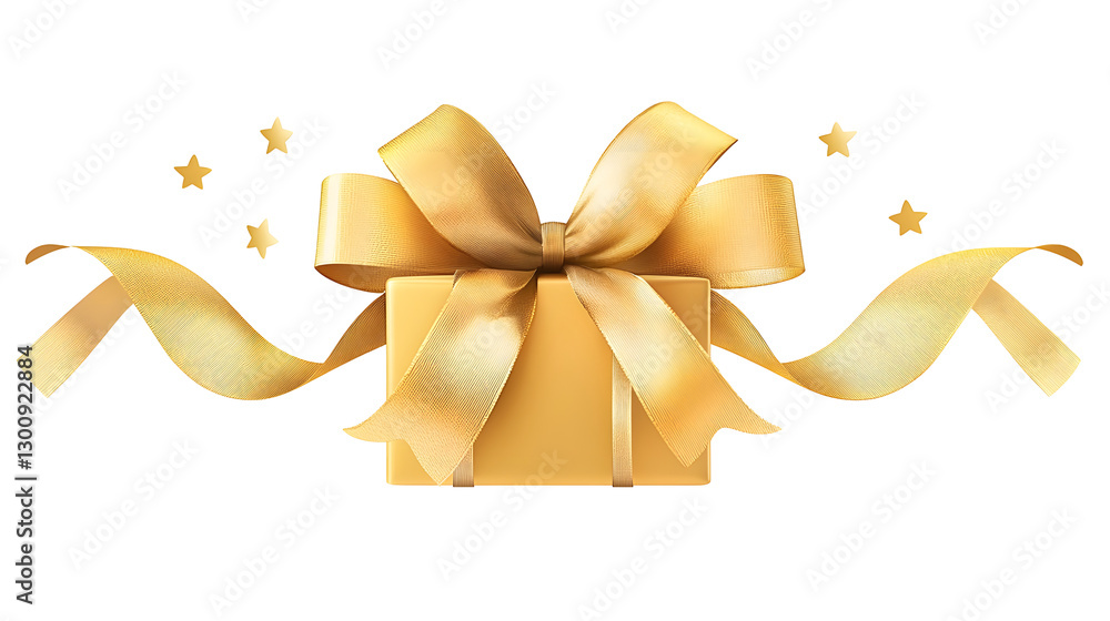 Poster playful 3d of a golden present decorated with a striped satin ribbon and slightly curled ends symbol