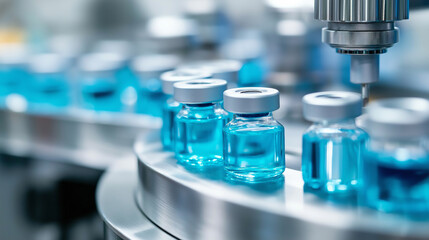 Close-up of a pharmaceutical production line with vials being filled with liquid.
