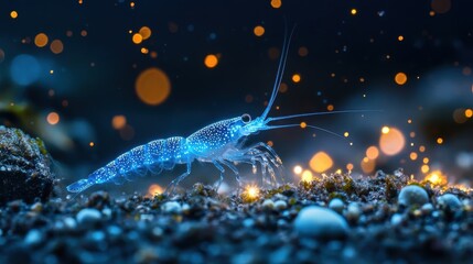 A bioluminescent shrimp walks across the ocean floor at night