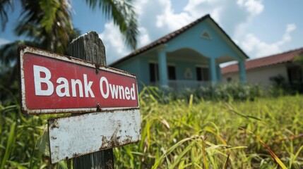 A foreclosed home stands neglected with tall grass surrounding it, featuring a prominent Bank Owned sign in the front yard, reflecting the struggles of the housing market