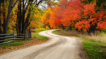 Obraz premium A charming view of a dirt road curving through a colorful autumn landscape, framed by trees adorned with fall leaves