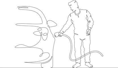 Continuous one line drawing electric vehicle charging. High technology. Clean energy. Electric transport.  One continuous line isolated minimal illustration.Not AI.