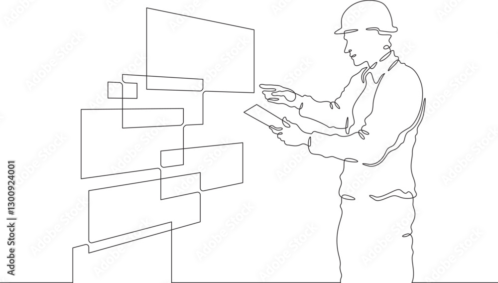 Poster continuous one line drawing it engineer and server. engineer services network equipment. computer te